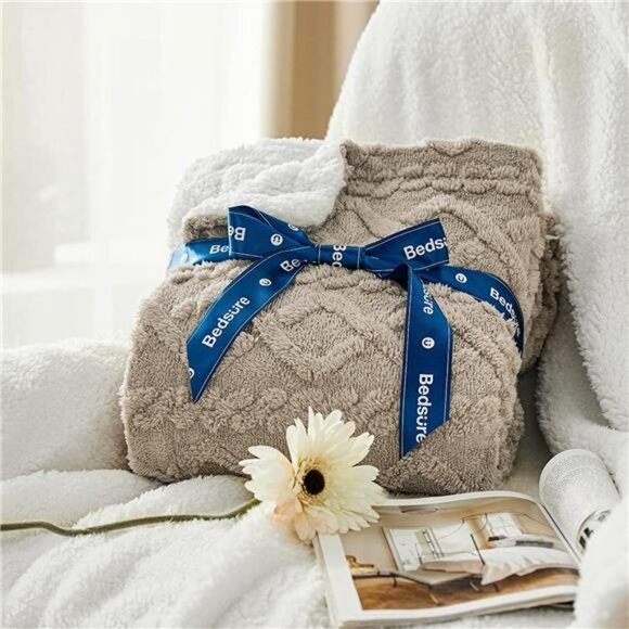 Sherpa Queen Size Blanket for Bed Fuzzy Soft, Beige, 90x90 Inches